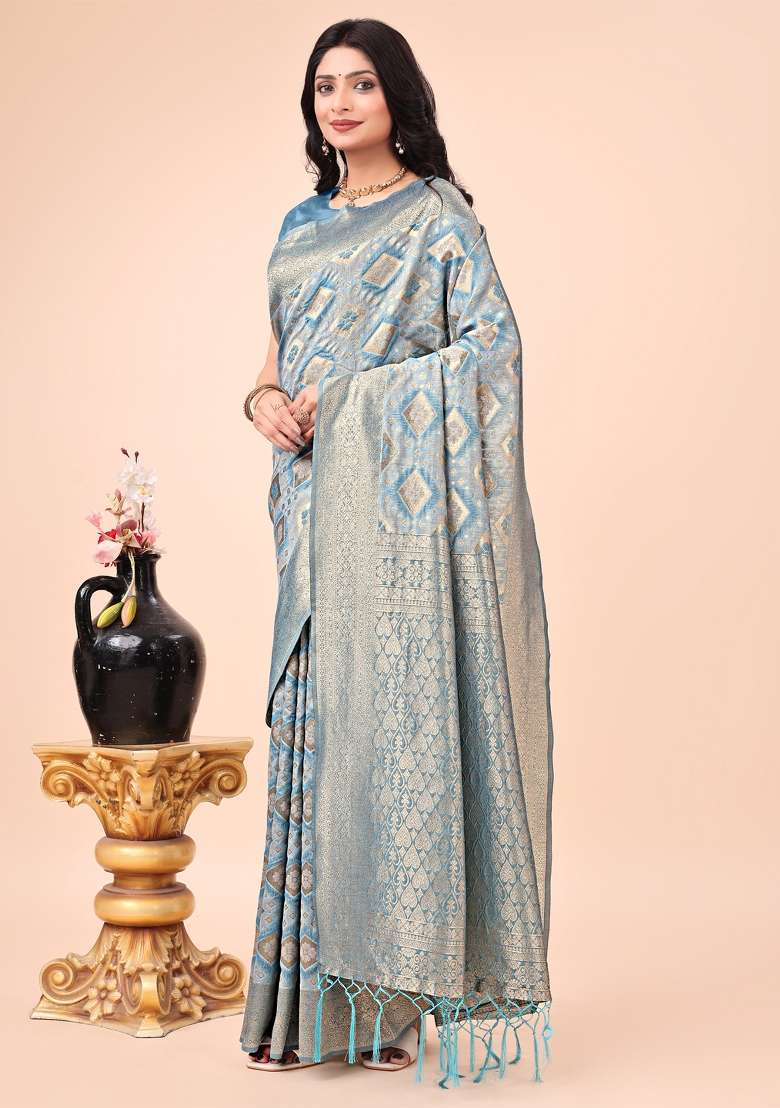 Sky Blue Embroidered Cotton Saree  Set - Indya