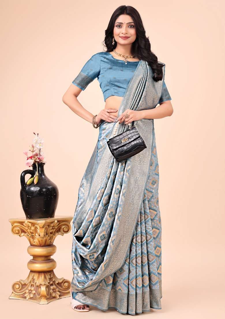 Sky Blue Embroidered Cotton Saree  Set - Indya