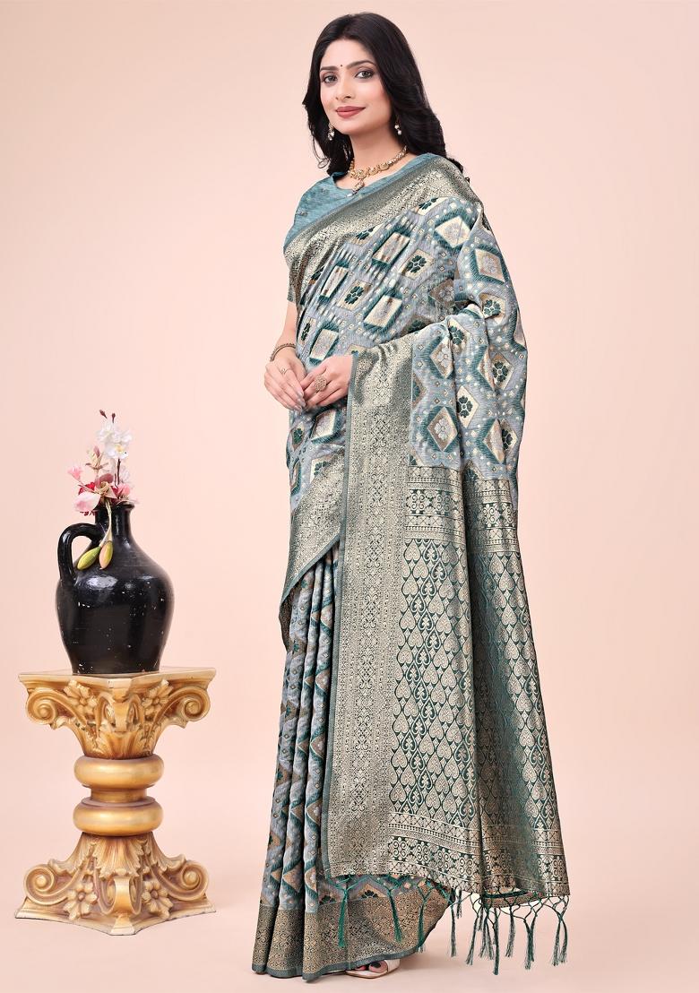 Green Embroidered Cotton Saree  Set