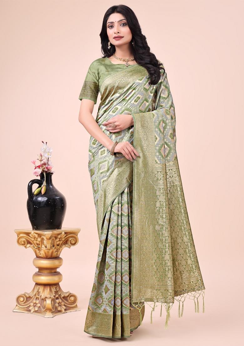 Mehendi Green Embroidered Cotton Saree Set