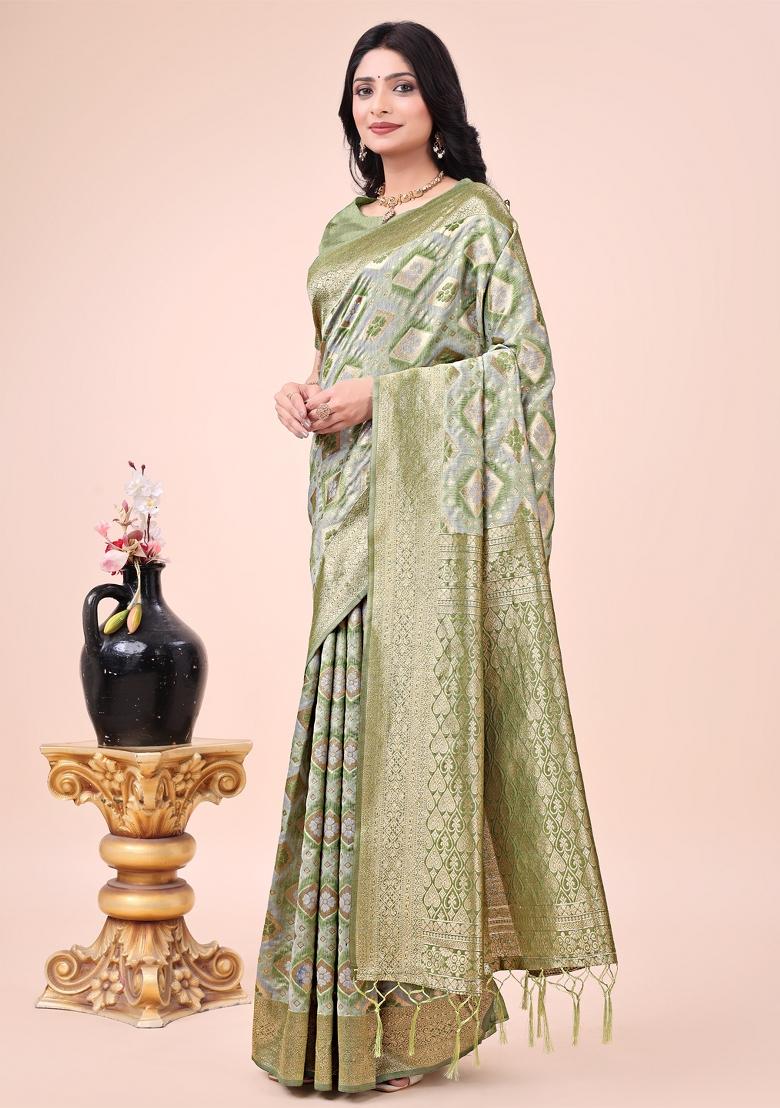 Mehendi Green Embroidered Cotton Saree Set
