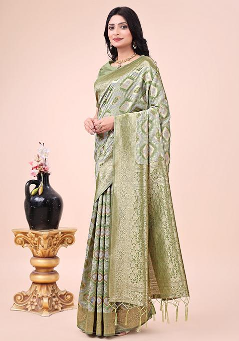 Mehendi Green Embroidered Cotton Saree Set