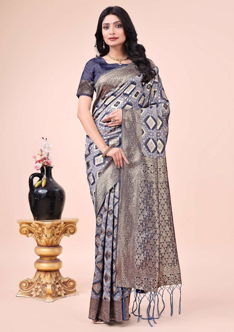 Navy Blue Embroidered Cotton Saree  Set - Indya