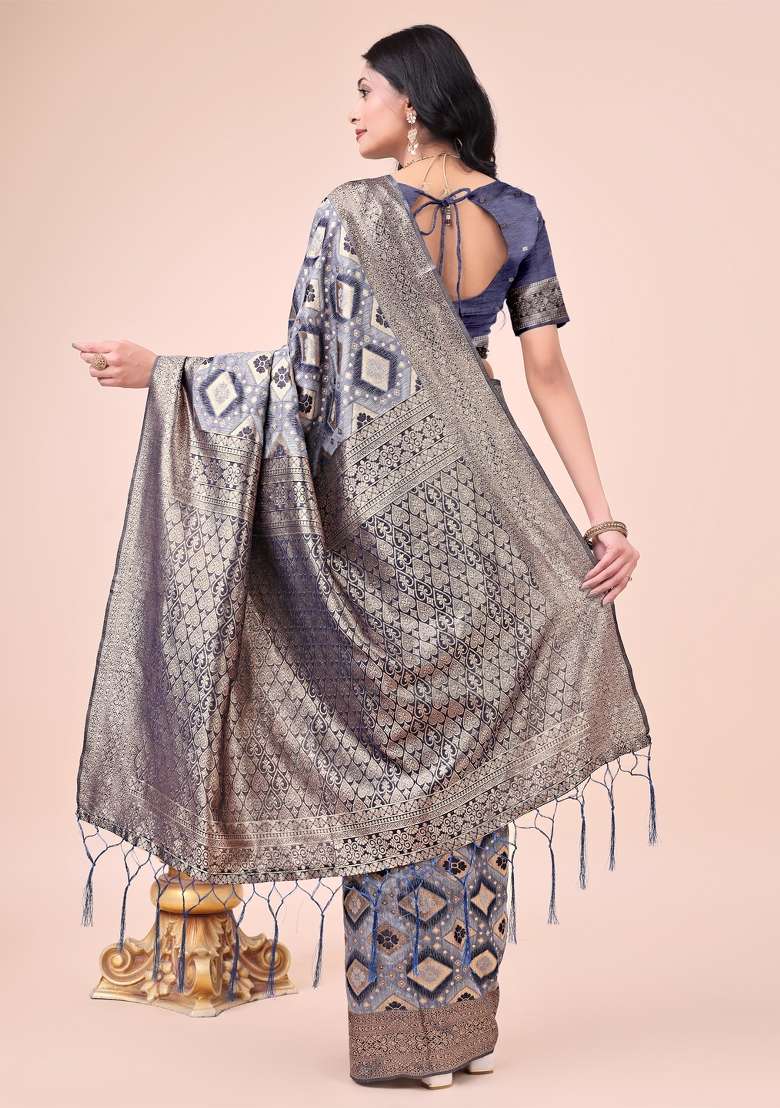Navy Blue Embroidered Cotton Saree  Set - Indya