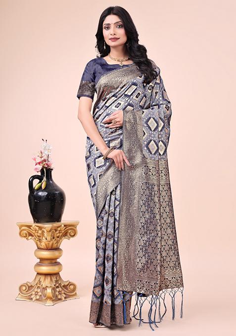 Navy Blue Embroidered Cotton Saree  Set