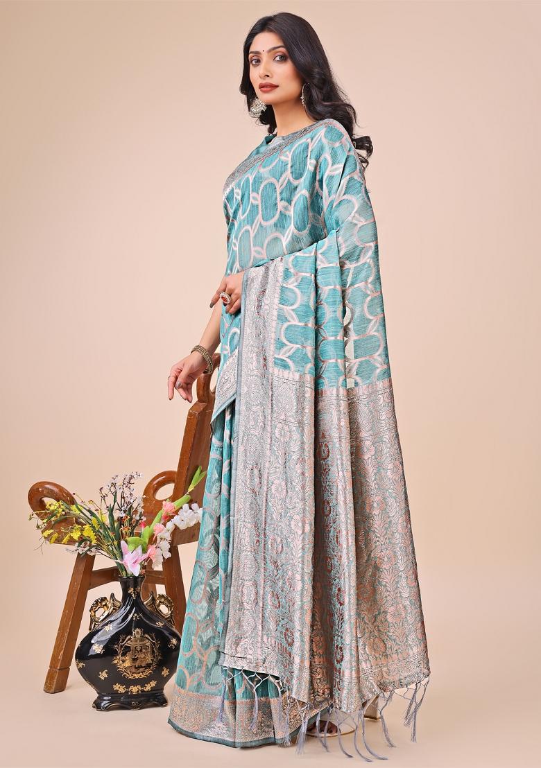 Teal Blue Embroidered Linen Cotton Saree  Set