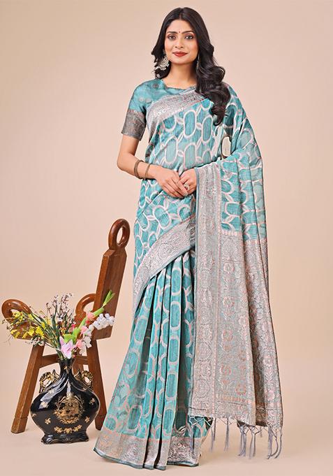 Teal Blue Embroidered Linen Cotton Saree  Set