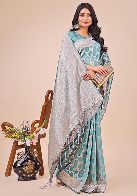 Teal Blue Embroidered Linen Cotton Saree Set