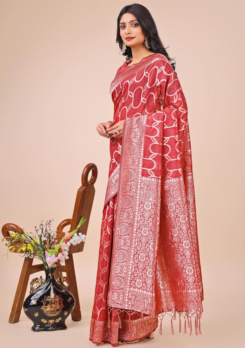 Red Embroidered Linen Cotton Saree  Set