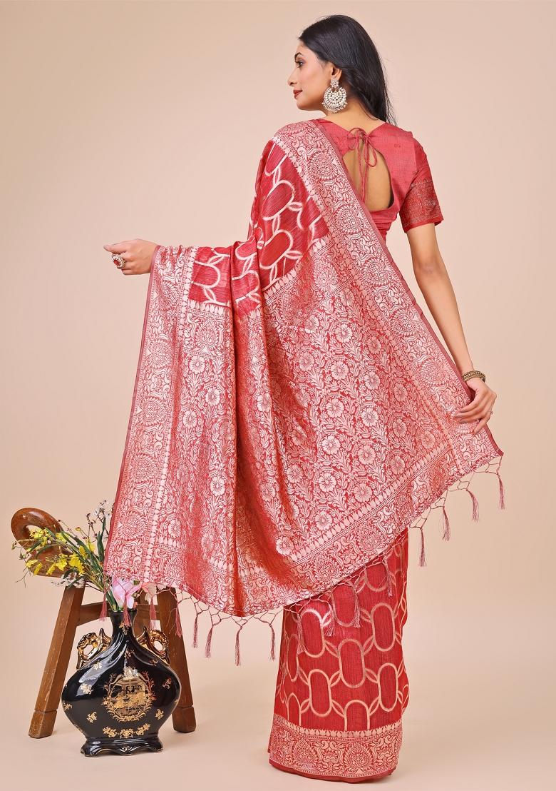 Red Embroidered Linen Cotton Saree Set