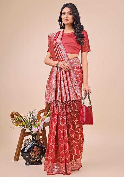 Red Embroidered Linen Cotton Saree Set