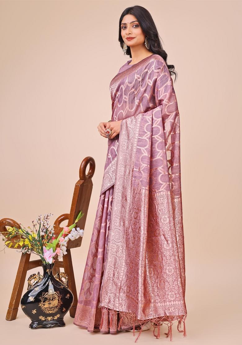 Purple Embroidered Linen Cotton Saree  Set