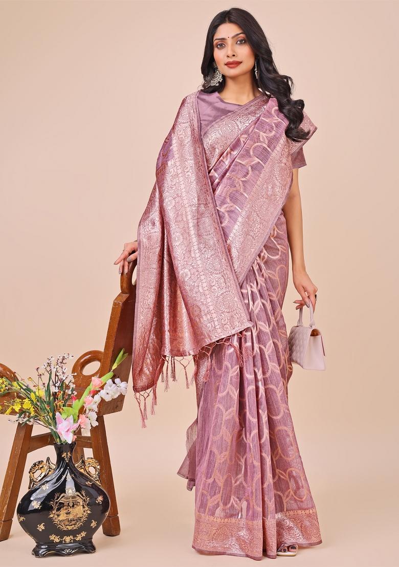 Purple Embroidered Linen Cotton Saree  Set