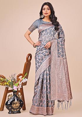 Grey Embroidered Linen Cotton Saree  Set