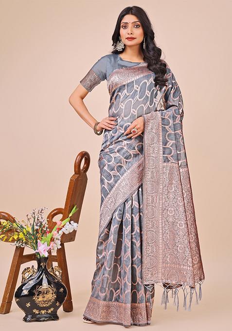 Grey Embroidered Linen Cotton Saree  Set