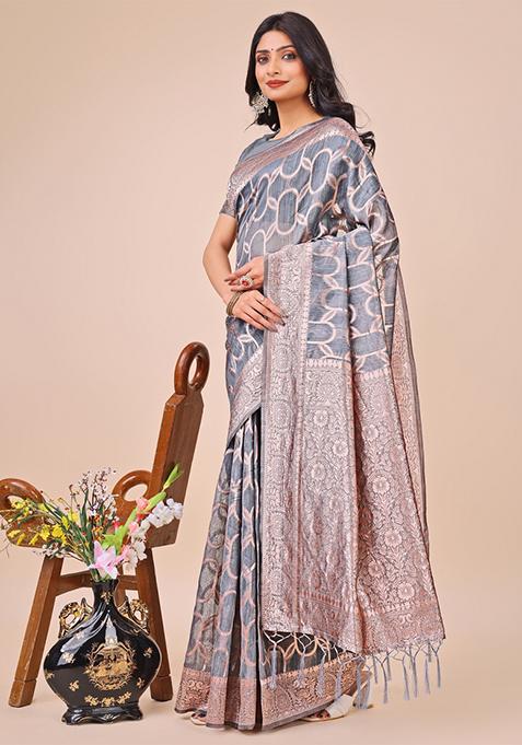 Grey Embroidered Linen Cotton Saree Set