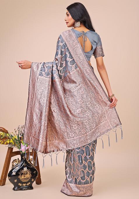 Grey Embroidered Linen Cotton Saree Set