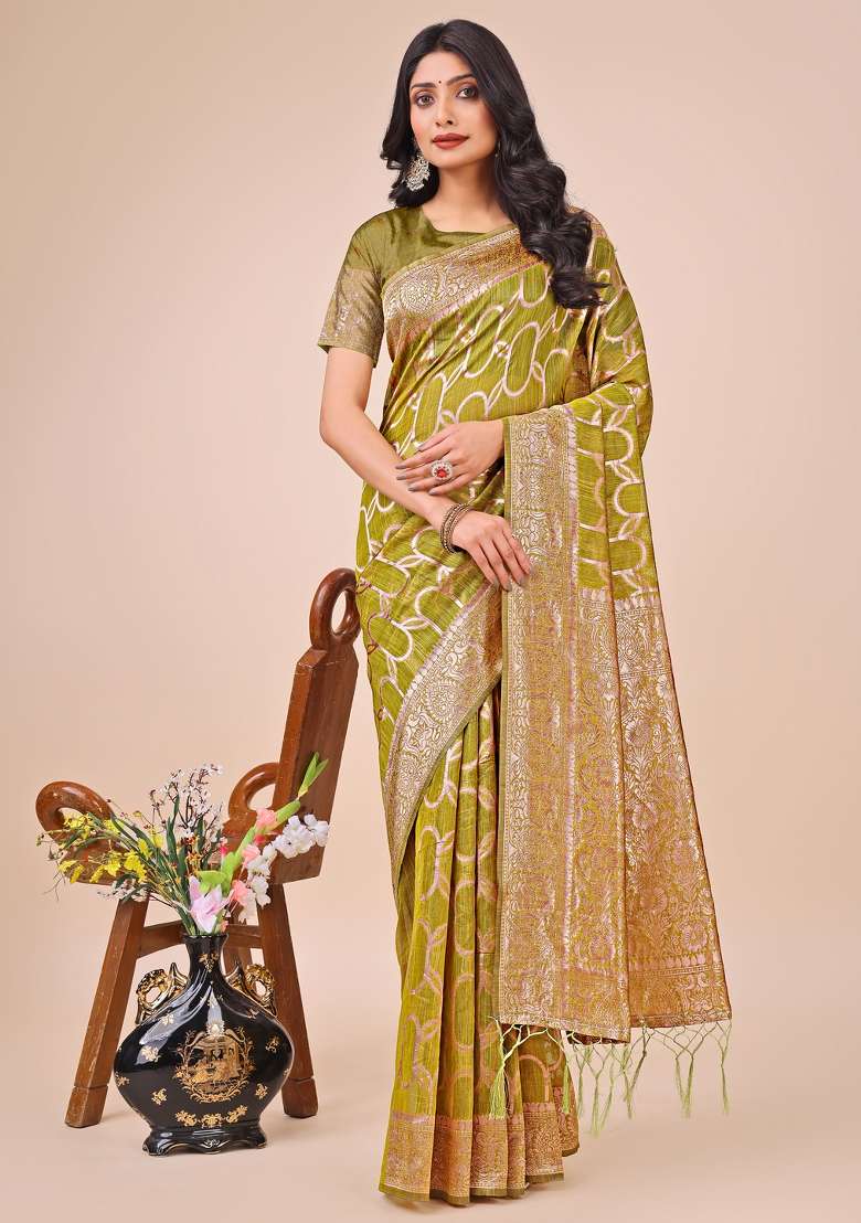 Olive Green Embroidered Linen Cotton Saree  Set - Indya