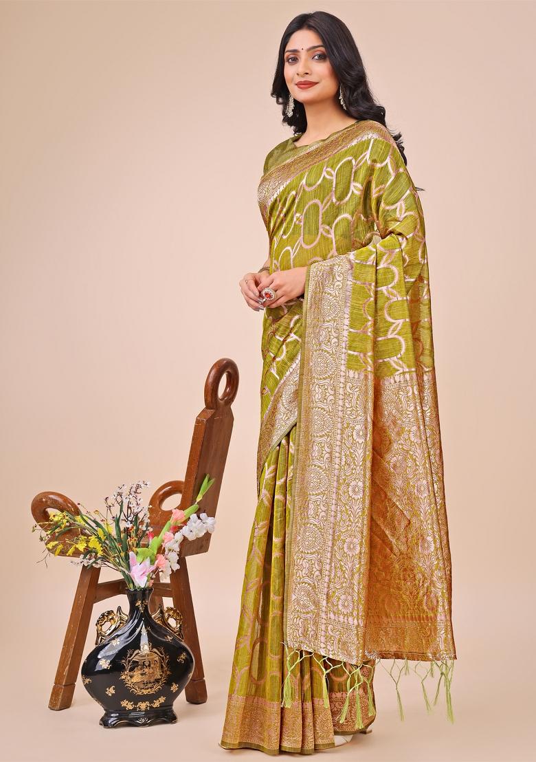 Olive Green Embroidered Linen Cotton Saree  Set