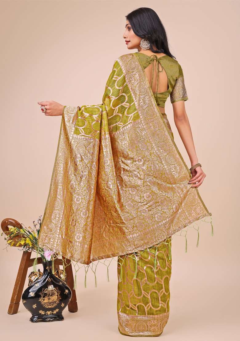 Olive Green Embroidered Linen Cotton Saree  Set - Indya