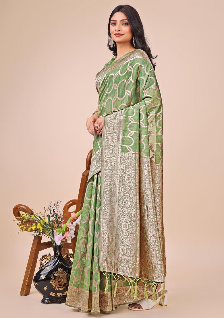 Green Embroidered Linen Cotton Saree  Set