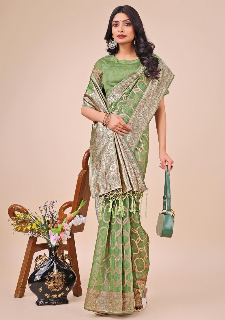 Green Embroidered Linen Cotton Saree  Set