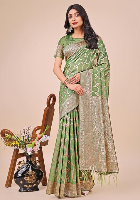Green Embroidered Linen Cotton Saree  Set