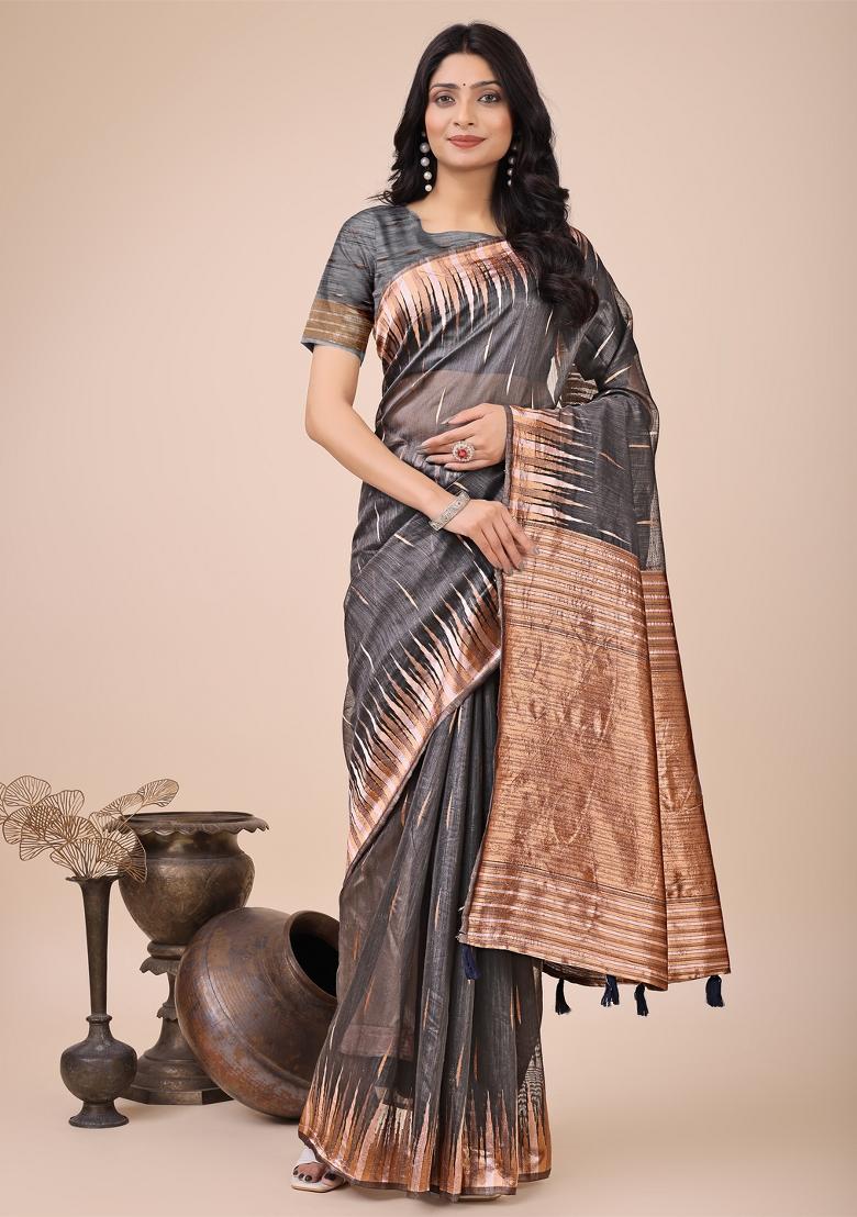 Grey Embroidered Linen Cotton Saree Set