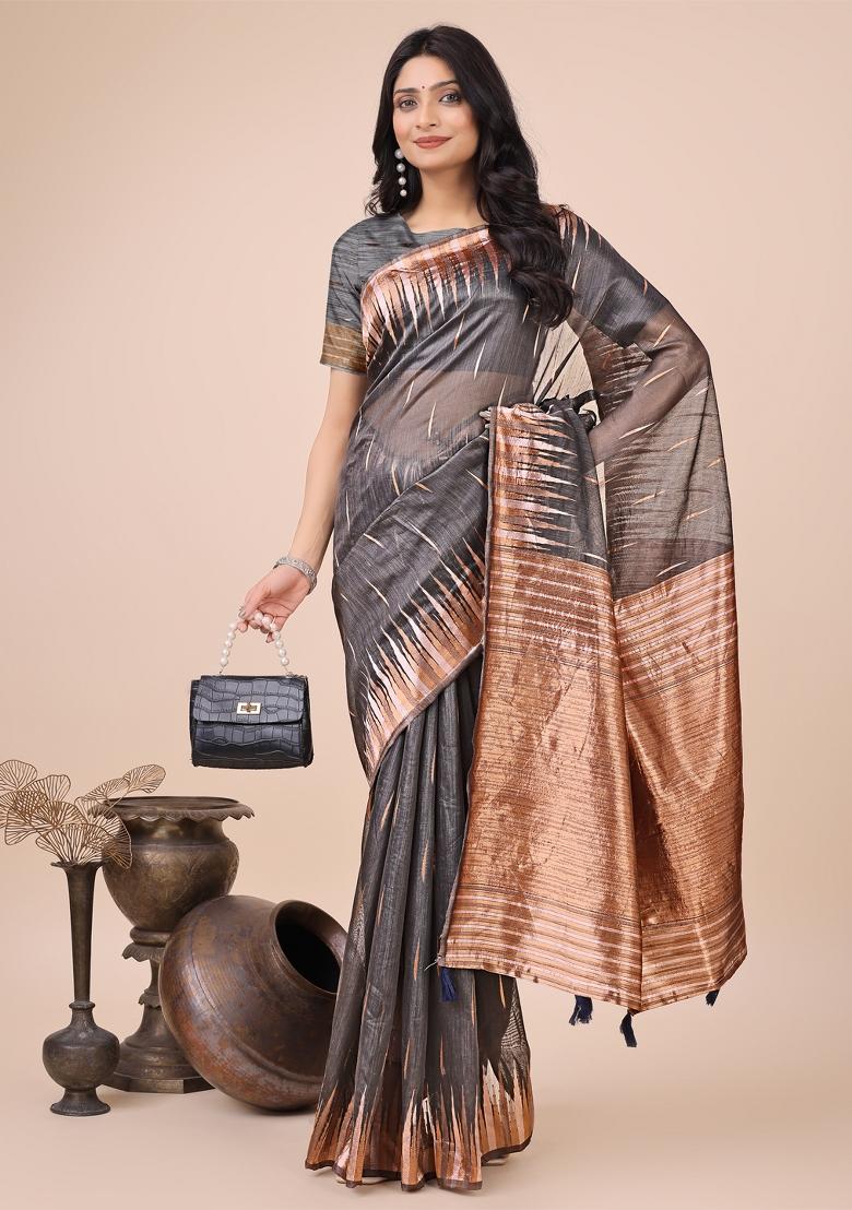 Grey Embroidered Linen Cotton Saree  Set