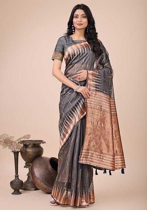 Grey Embroidered Linen Cotton Saree  Set