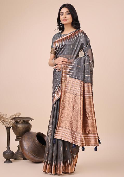 Grey Embroidered Linen Cotton Saree Set