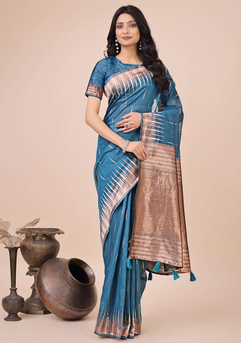 Blue Linen Cotton Saree Set with Embroidered for Diwali | Wedding & Festive Wear - Indya