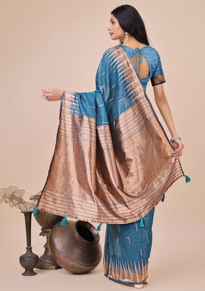 Blue Linen Cotton Saree Set with Embroidered for Diwali | Wedding & Festive Wear - Indya