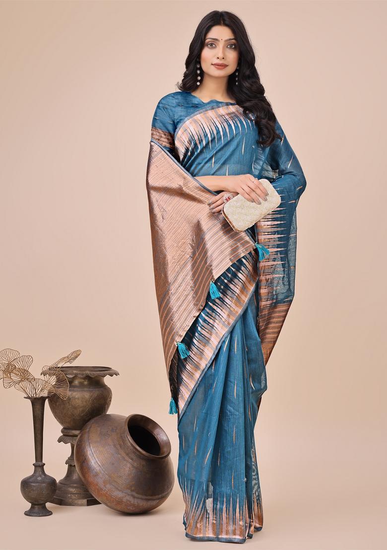 Blue Embroidered Linen Cotton Saree  Set