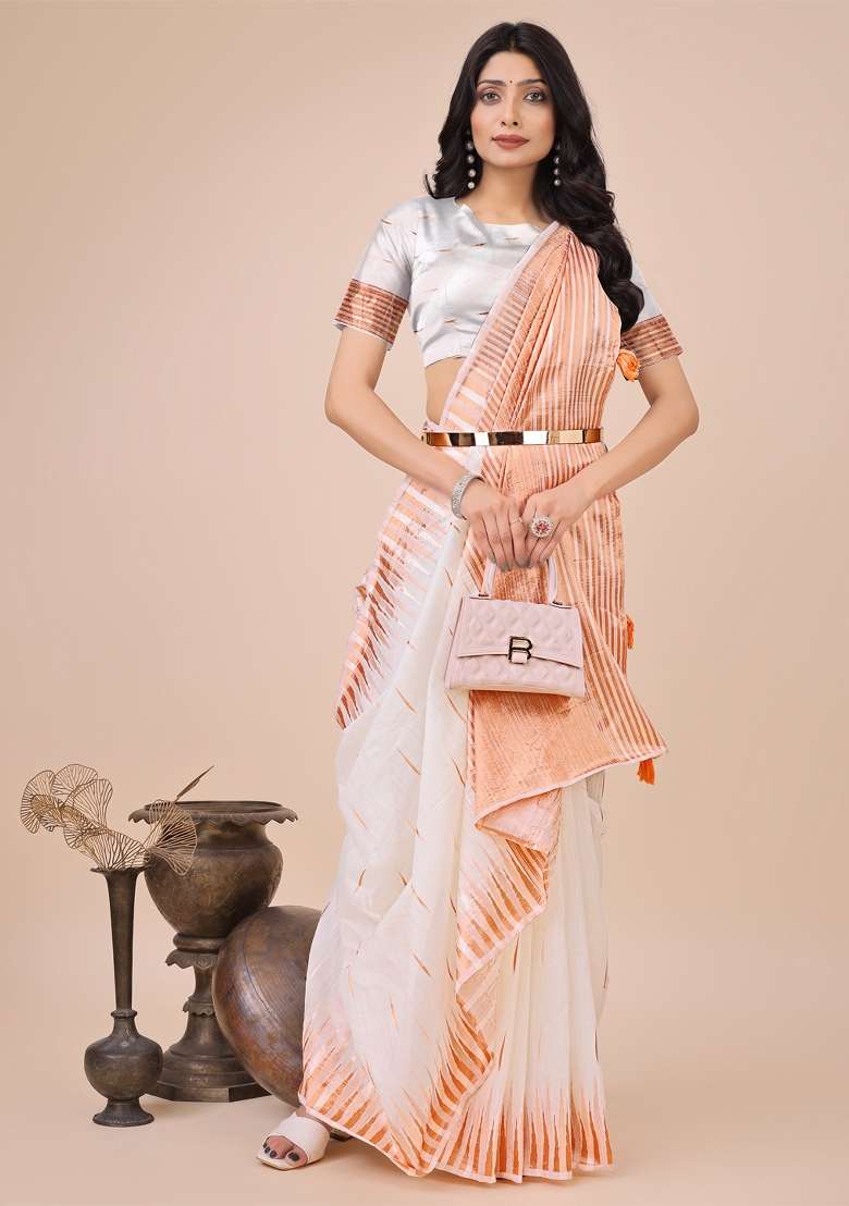 White Embroidered Linen Cotton Saree Set for Diwali and Festive Wear - Indya