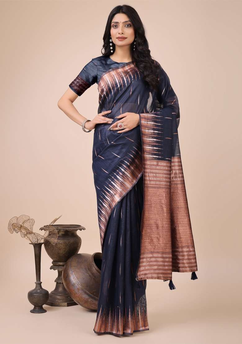 Navy Blue Embroidered Linen Cotton Saree Set for Diwali and Festive Wear - Indya