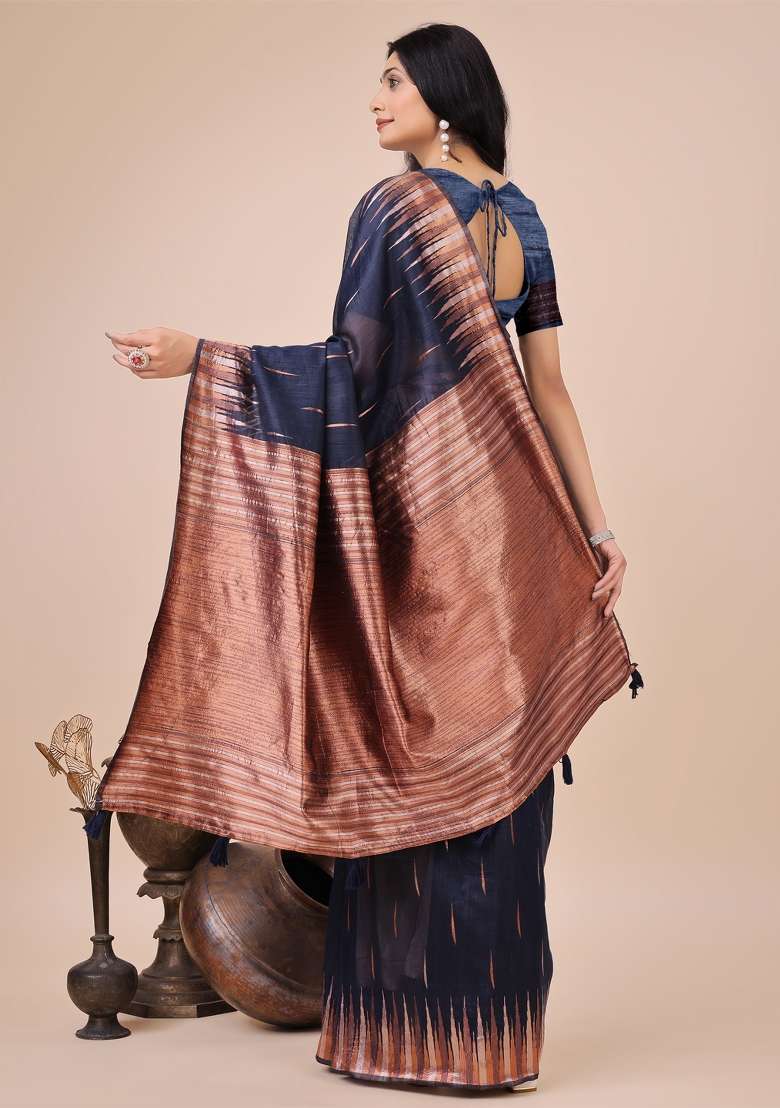 Navy Blue Embroidered Linen Cotton Saree Set for Diwali and Festive Wear - Indya