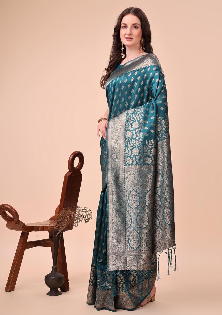 Turquoise Blue Embroidered Silk Saree  Set