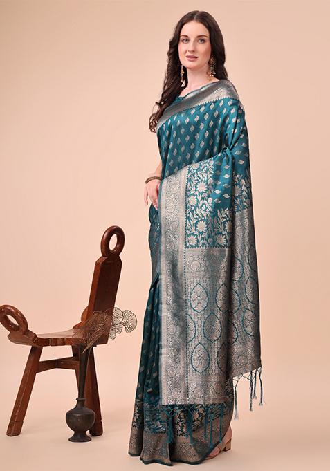 Turquoise Blue Embroidered Silk Saree Set