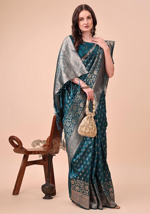 Turquoise Blue Embroidered Silk Saree Set