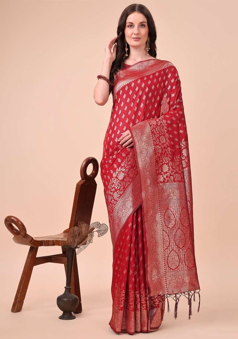 Red Embroidered Silk Saree  Set - Indya