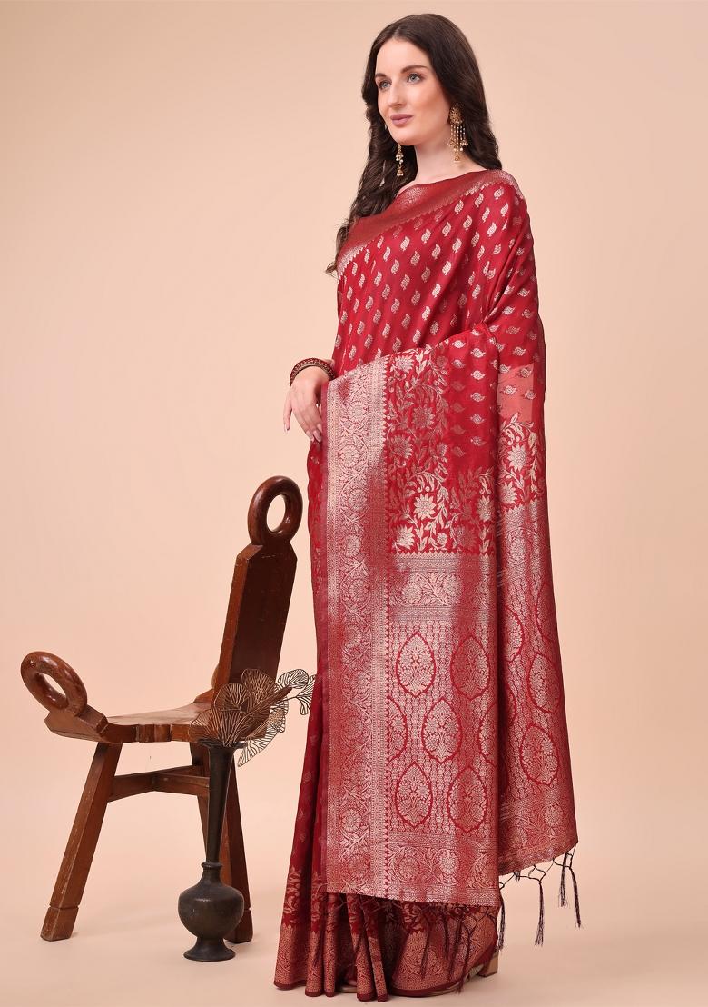 Red Embroidered Silk Saree  Set