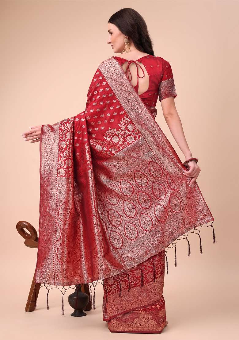 Red Embroidered Silk Saree  Set - Indya