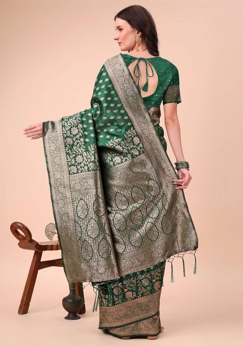 Green Embroidered Silk Saree  Set - Indya