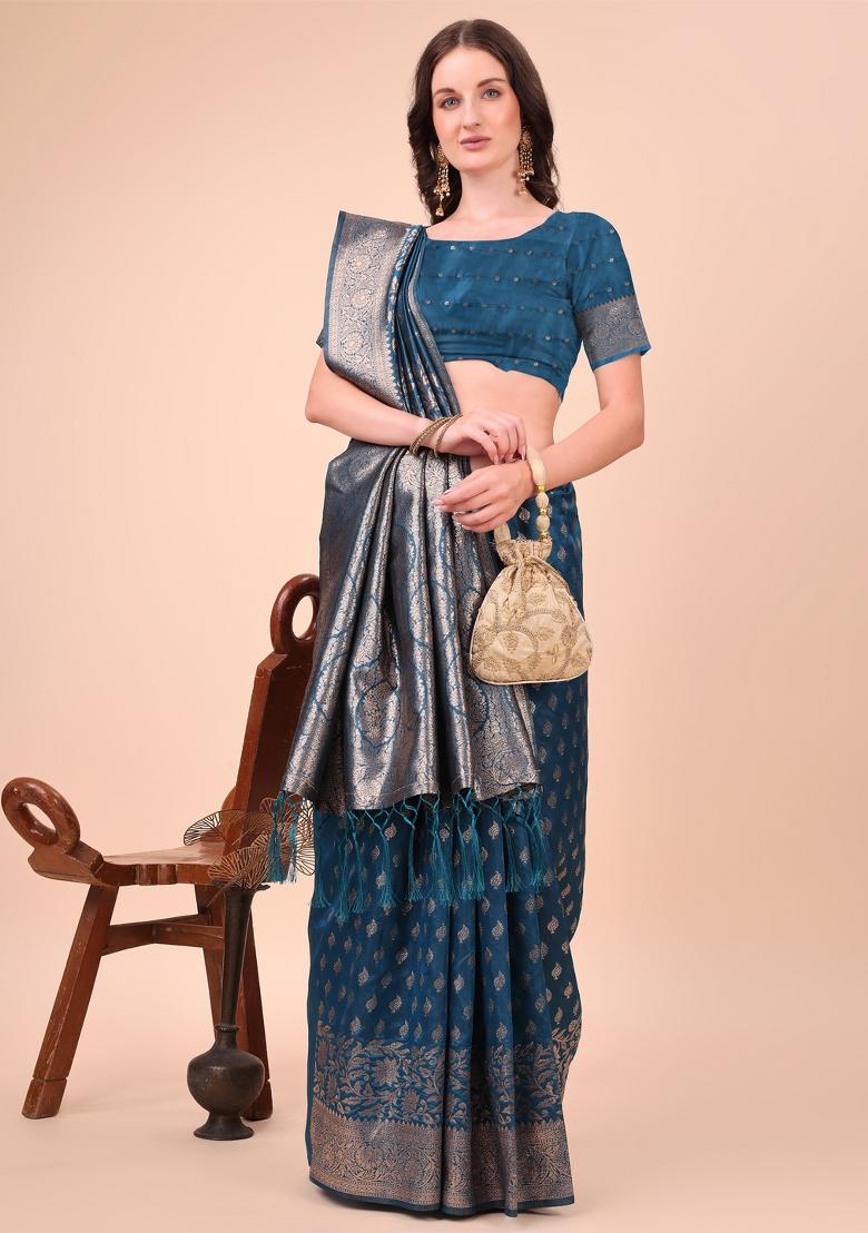 Blue Embroidered Silk Saree  Set