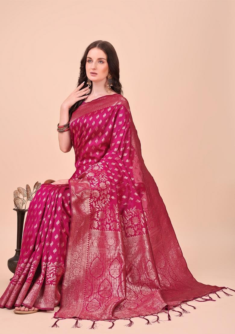 Magenta Embroidered Silk Saree  Set