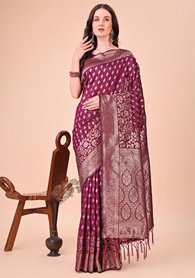 Purple Embroidered Silk Saree  Set