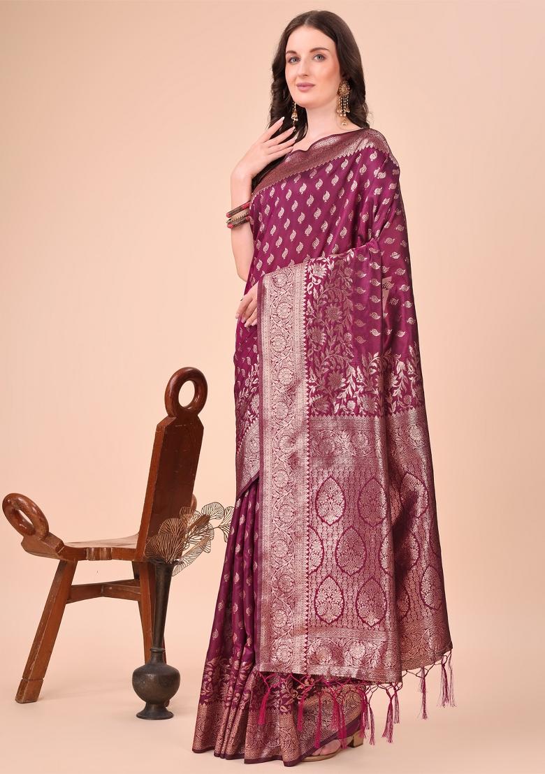 Purple Embroidered Silk Saree  Set