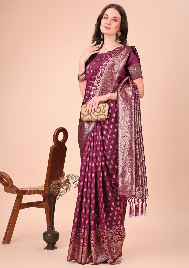 Purple Embroidered Silk Saree  Set