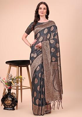 Black Embroidered Cotton Saree  Set